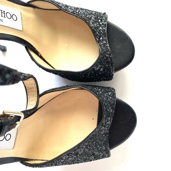 JIMMY CHOO‎ Jenna 150 Platform Stiletto Heels EU 37.5 BLACK GLITTER Ankle Strap - Picture 3 of 8